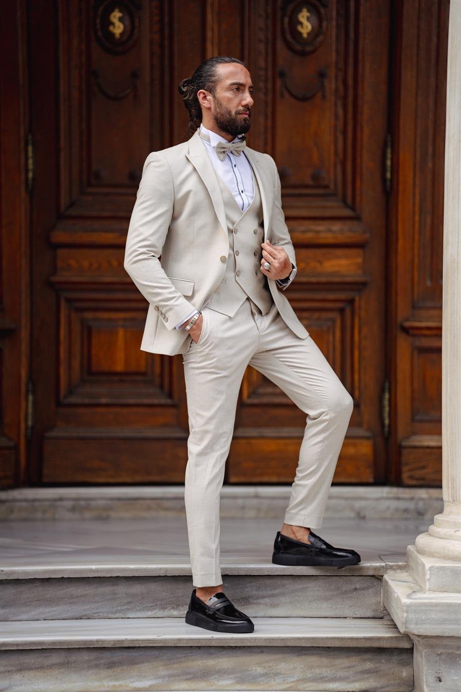 Beige Linen Fabric Wedding Suit