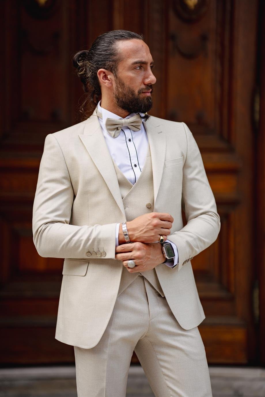 Beige Linen Fabric Wedding Suit