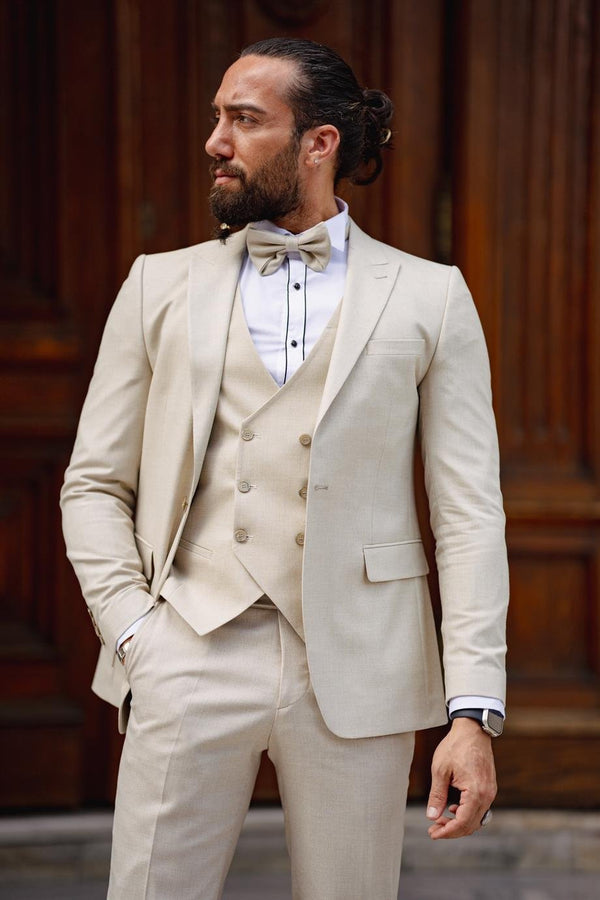 Beige Linen Fabric Wedding Suit