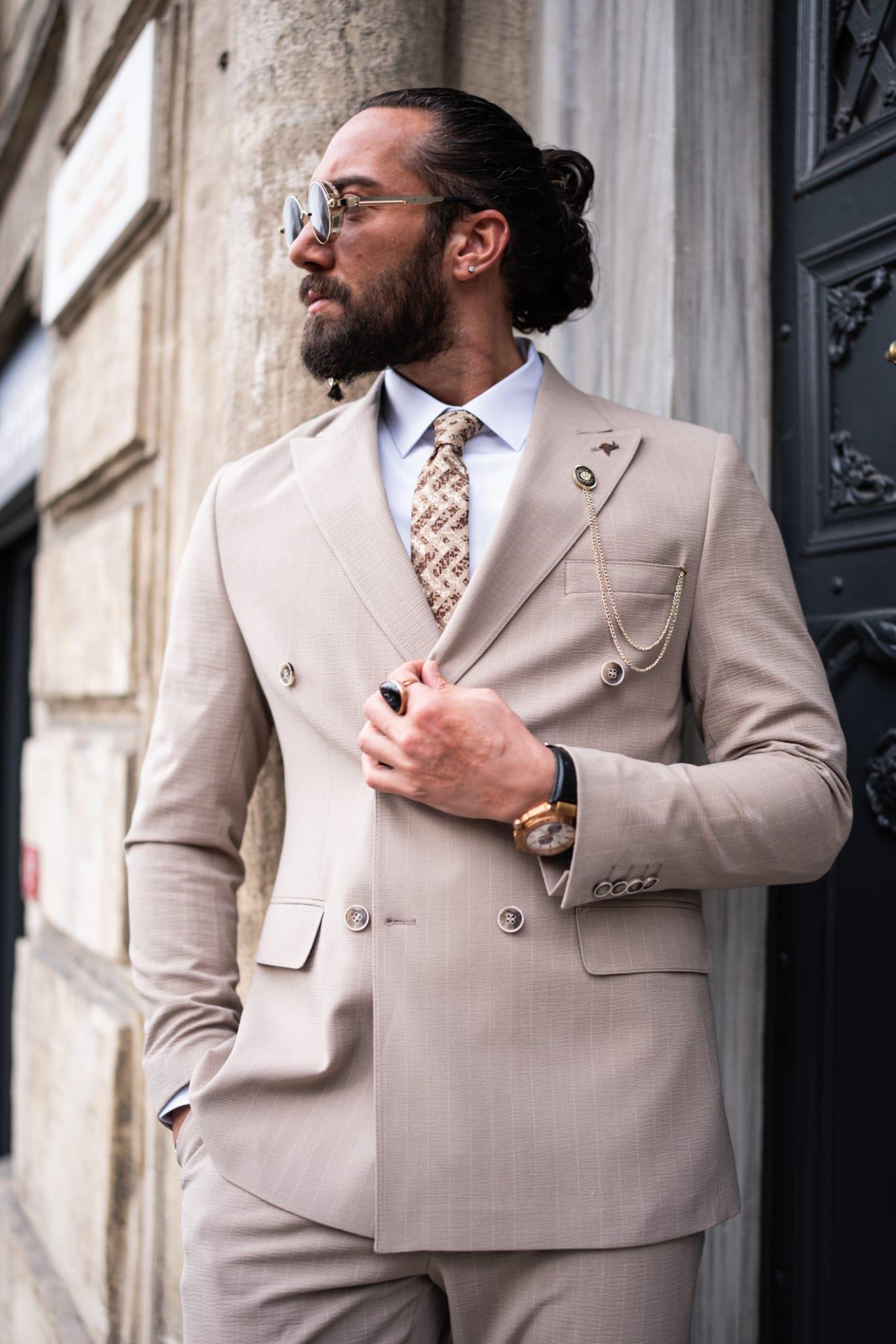 Beige Striped Double Breasted Slim Fit Suits Marcilo PK