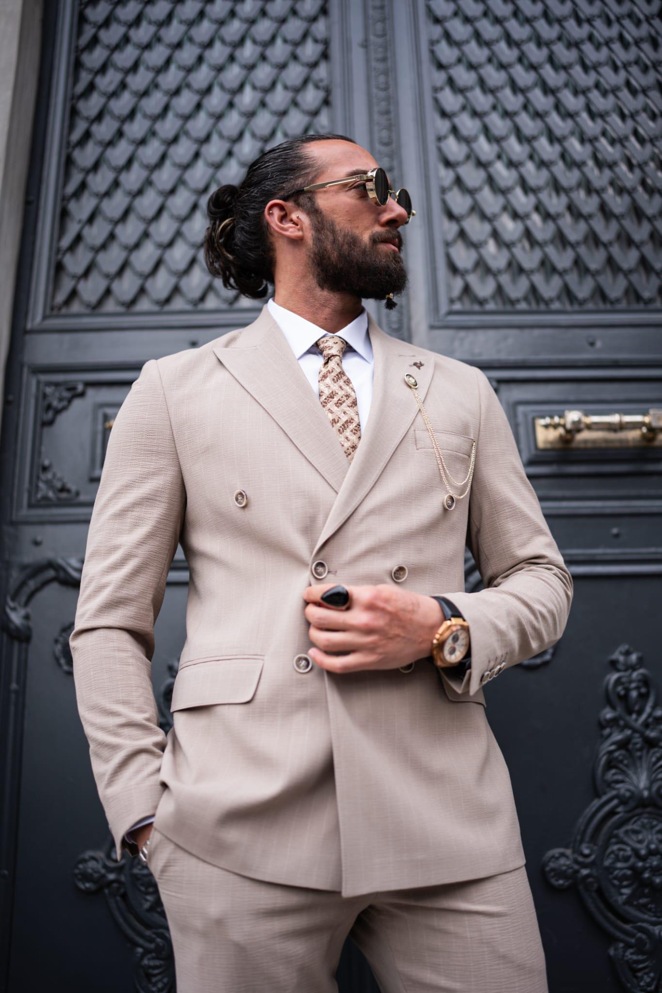 Beige Striped Double Breasted Slim Fit Suits