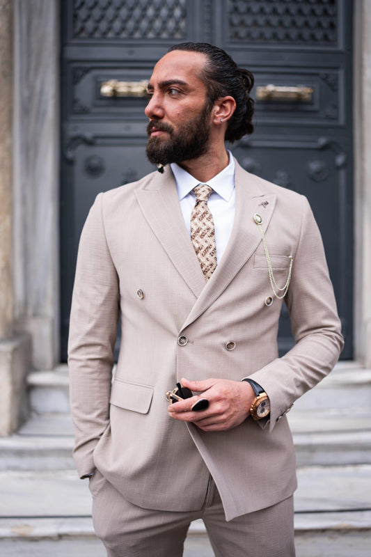 Beige Striped Double Breasted Slim Fit Suits