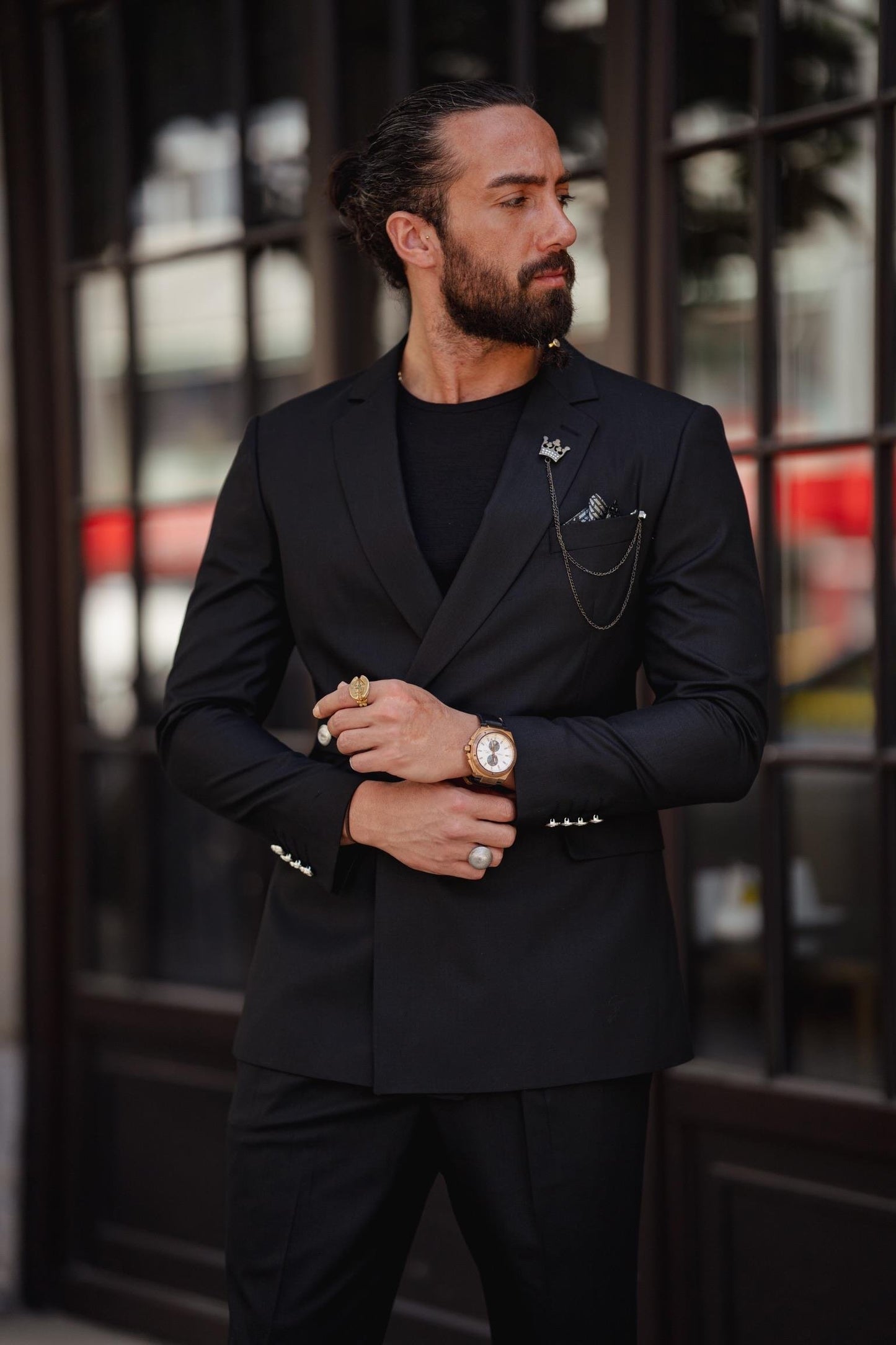 Black Single Lapel Button Detail Slim Fit Suit