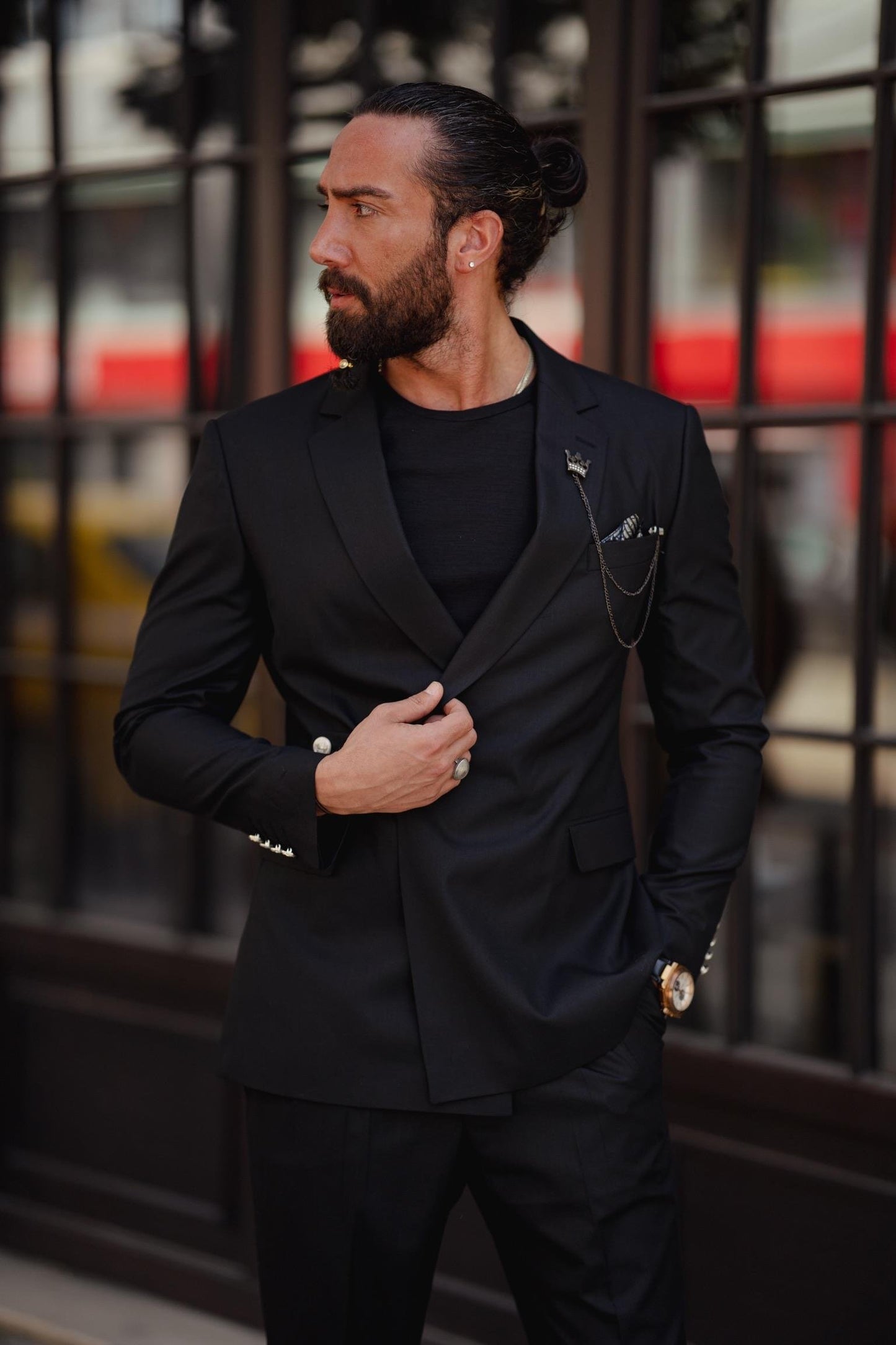 Black Single Lapel Button Detail Slim Fit Suit