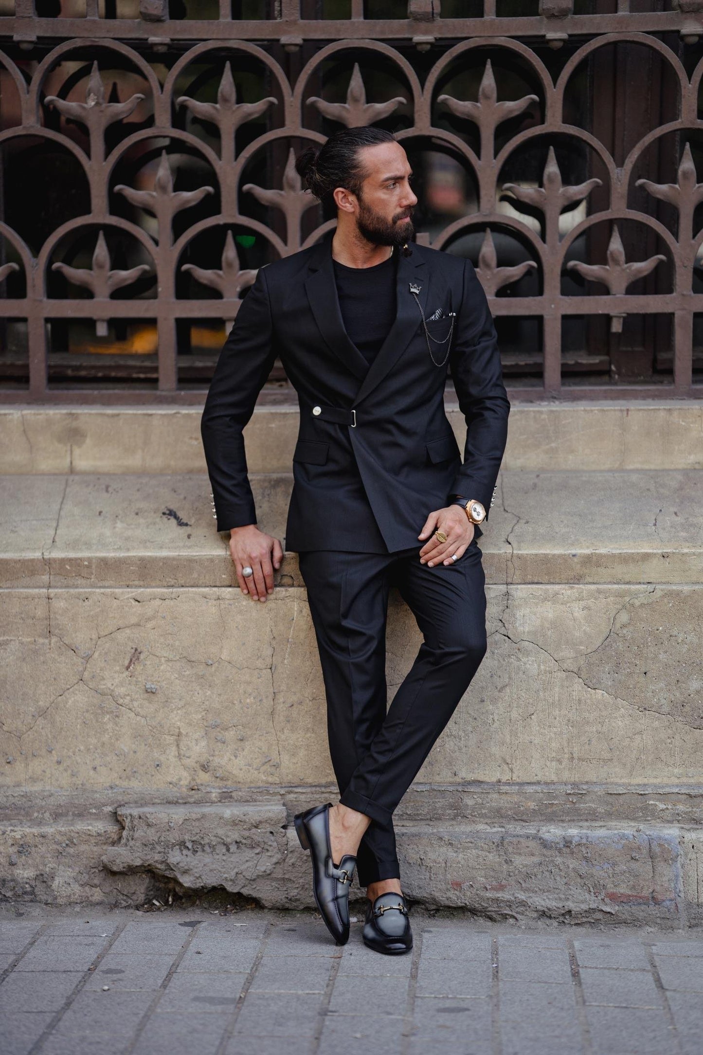 Black Single Lapel Button Detail Slim Fit Suit