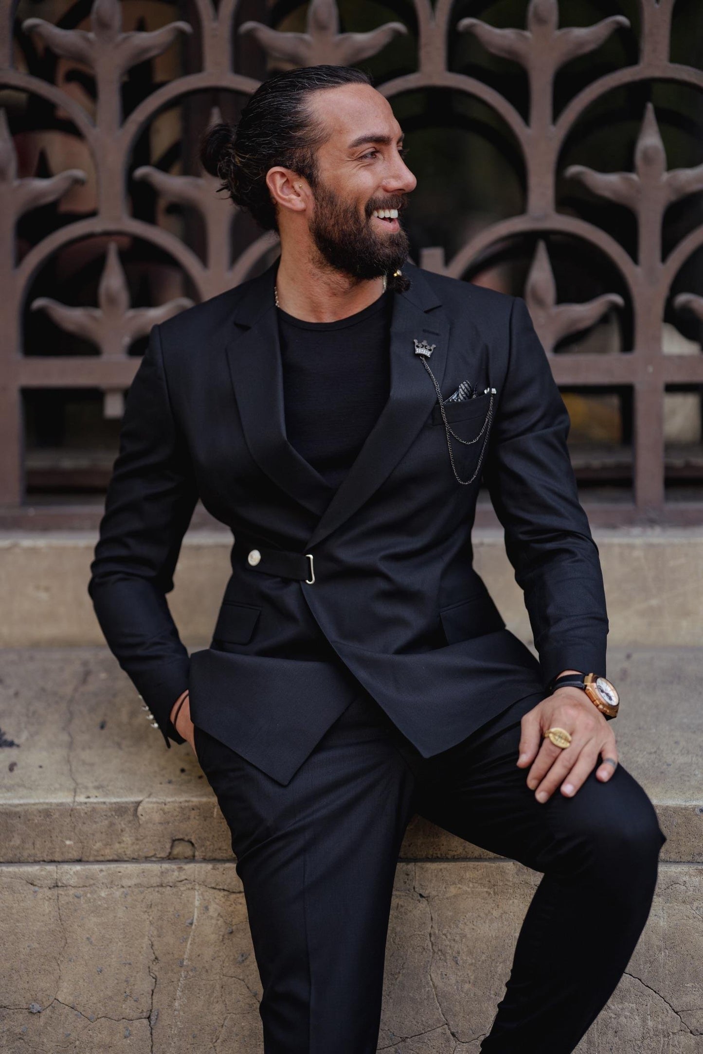 Black Single Lapel Button Detail Slim Fit Suit