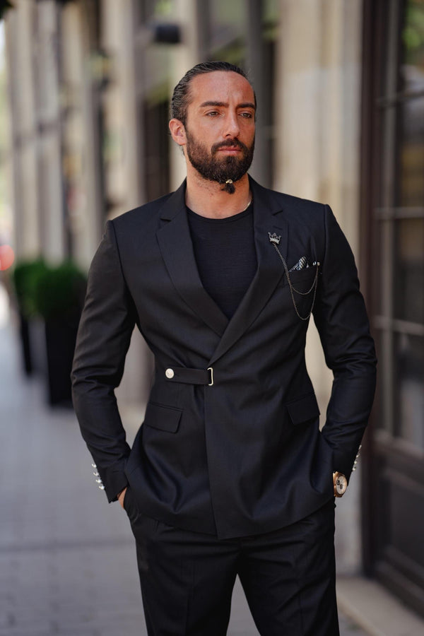 Black Single Lapel Button Detail Slim Fit Suit