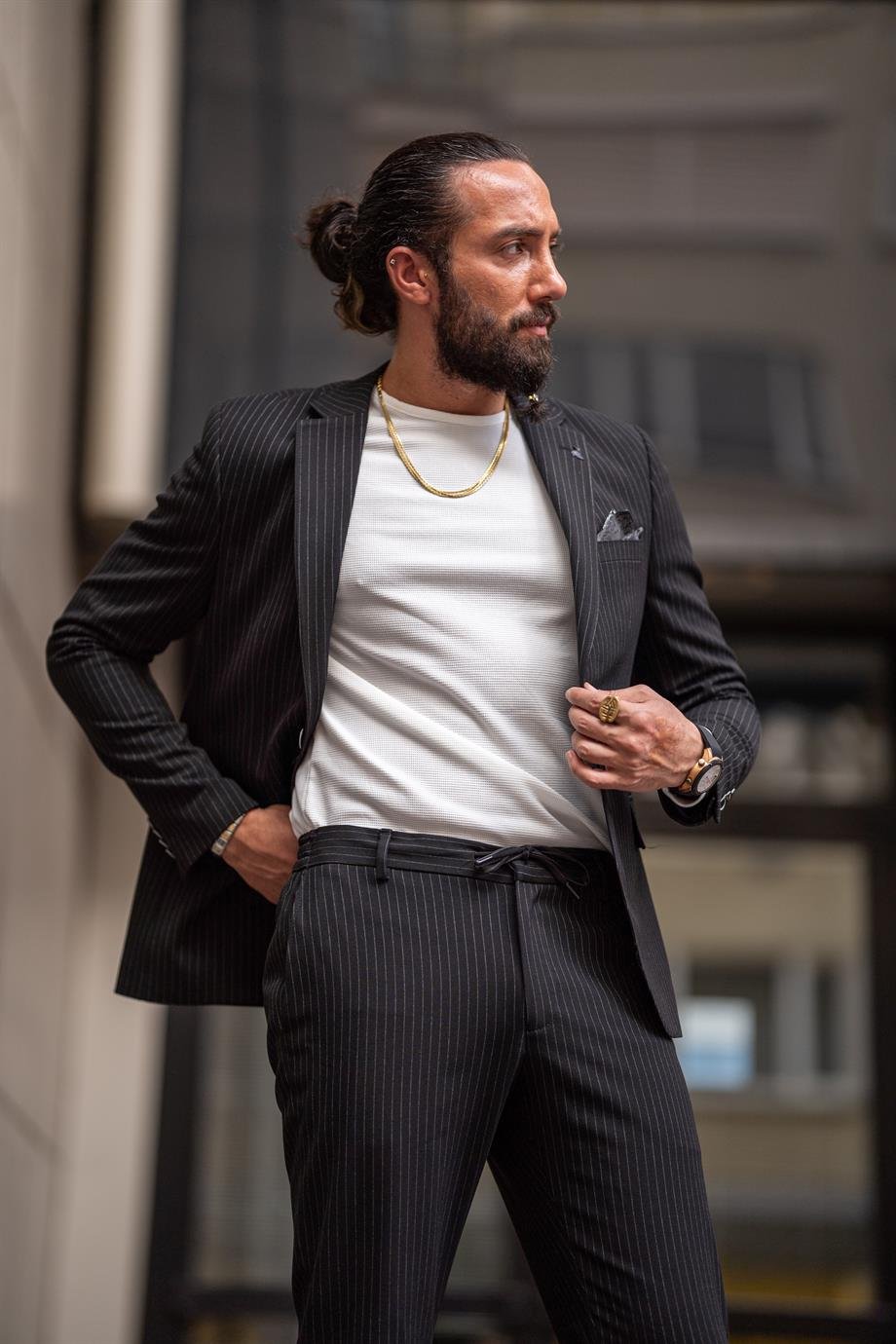 Black Striped Slim Fit Mono Collar Suit
