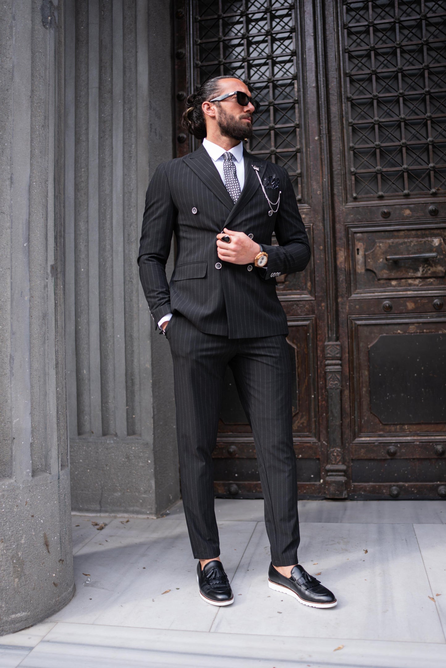 Black Striped Double Breasted Slim Fit Suits