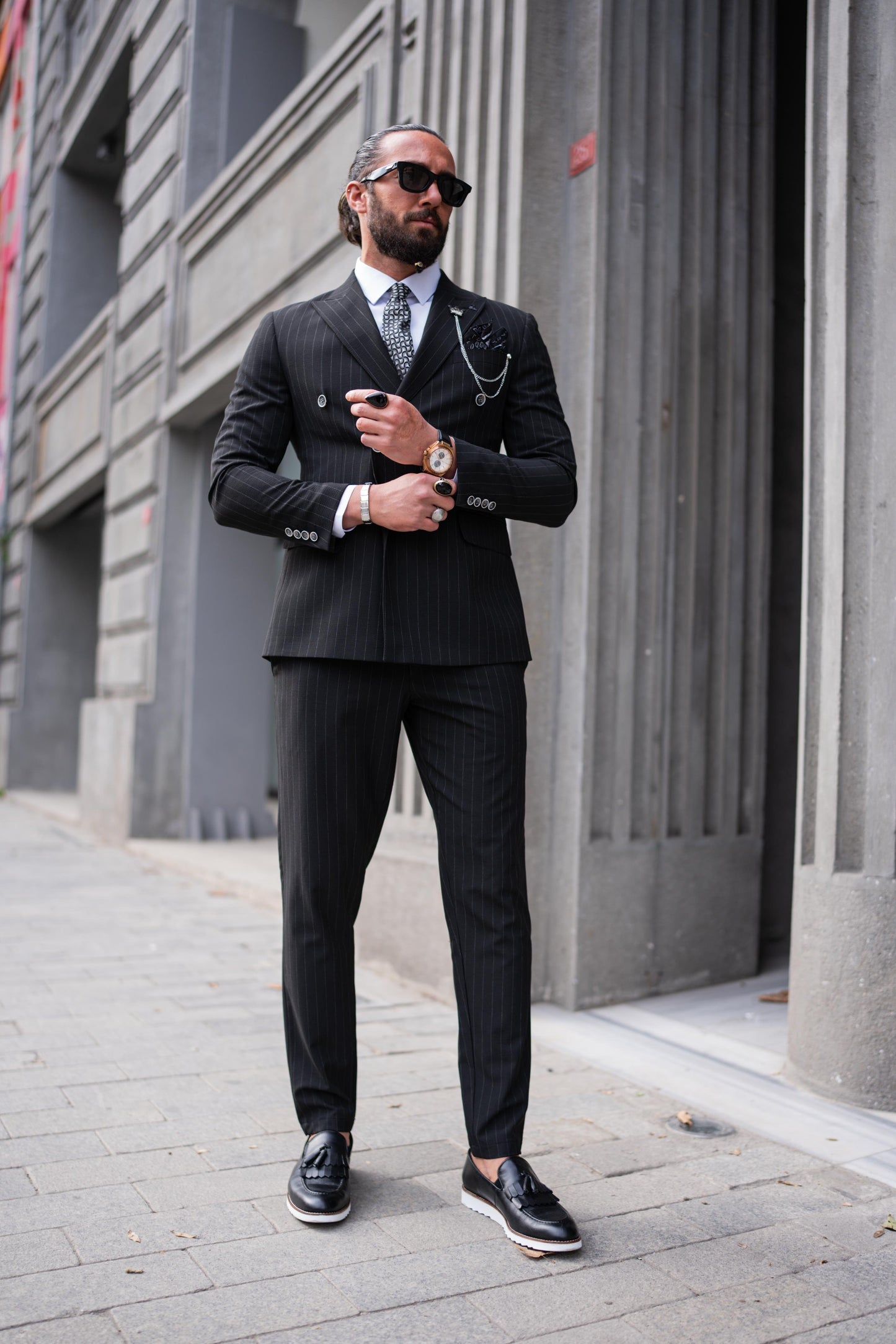 Black Striped Double Breasted Slim Fit Suits