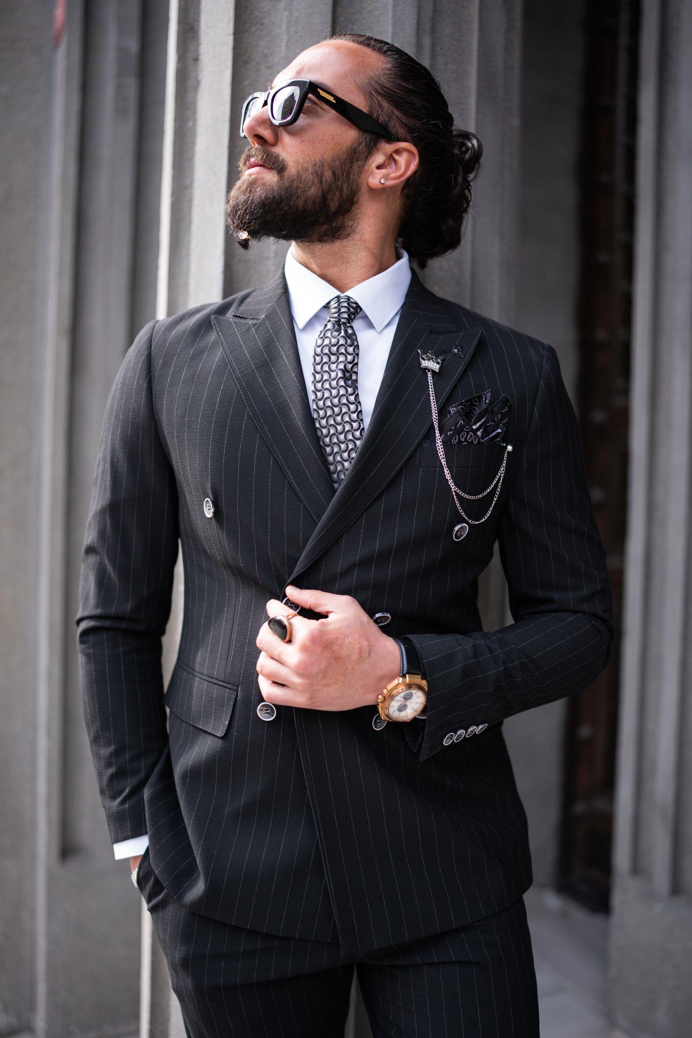 Black Striped Double Breasted Slim Fit Suits