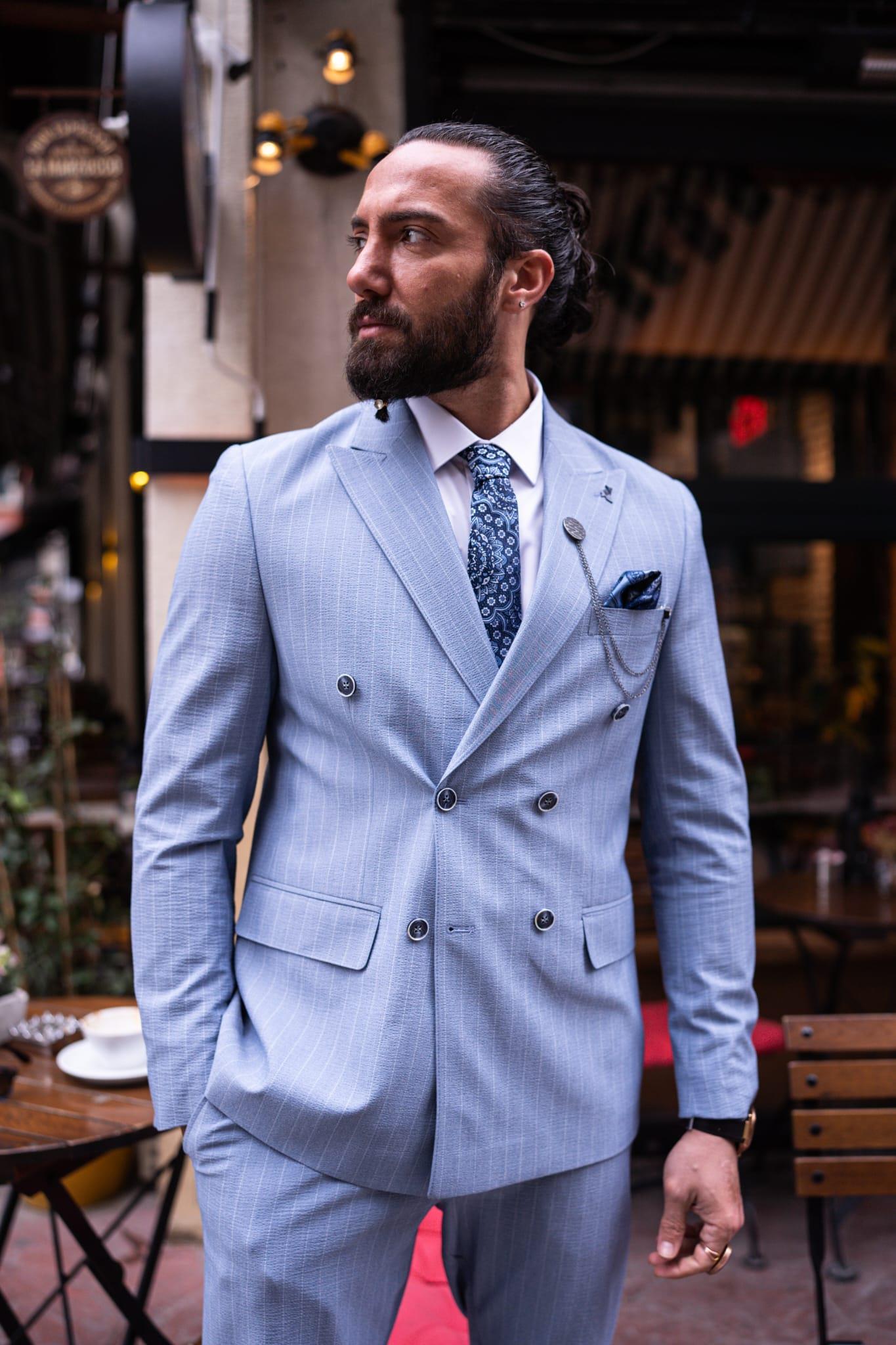 Blue Striped Double Breasted Slim Fit Suits