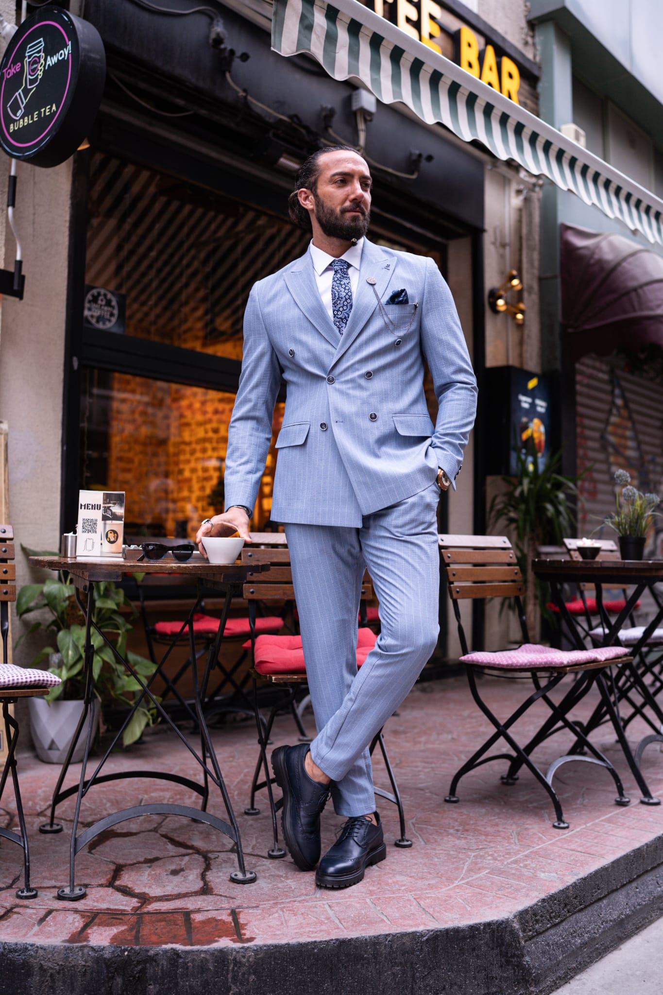 Blue Striped Double Breasted Slim Fit Suits