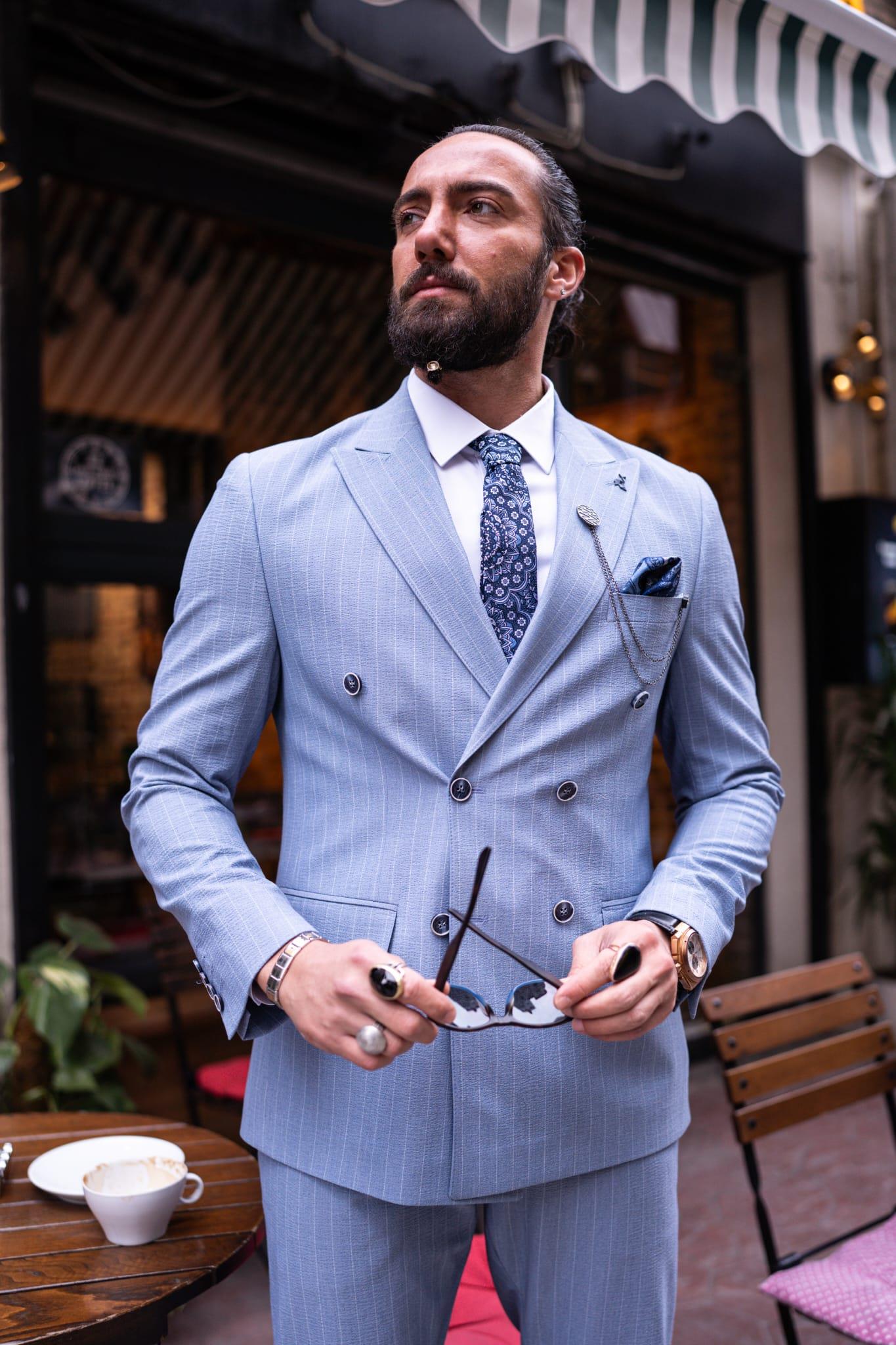 Blue Striped Double Breasted Slim Fit Suits