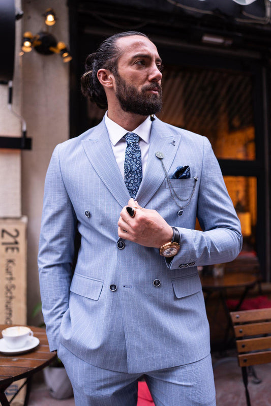 Blue Striped Double Breasted Slim Fit Suits