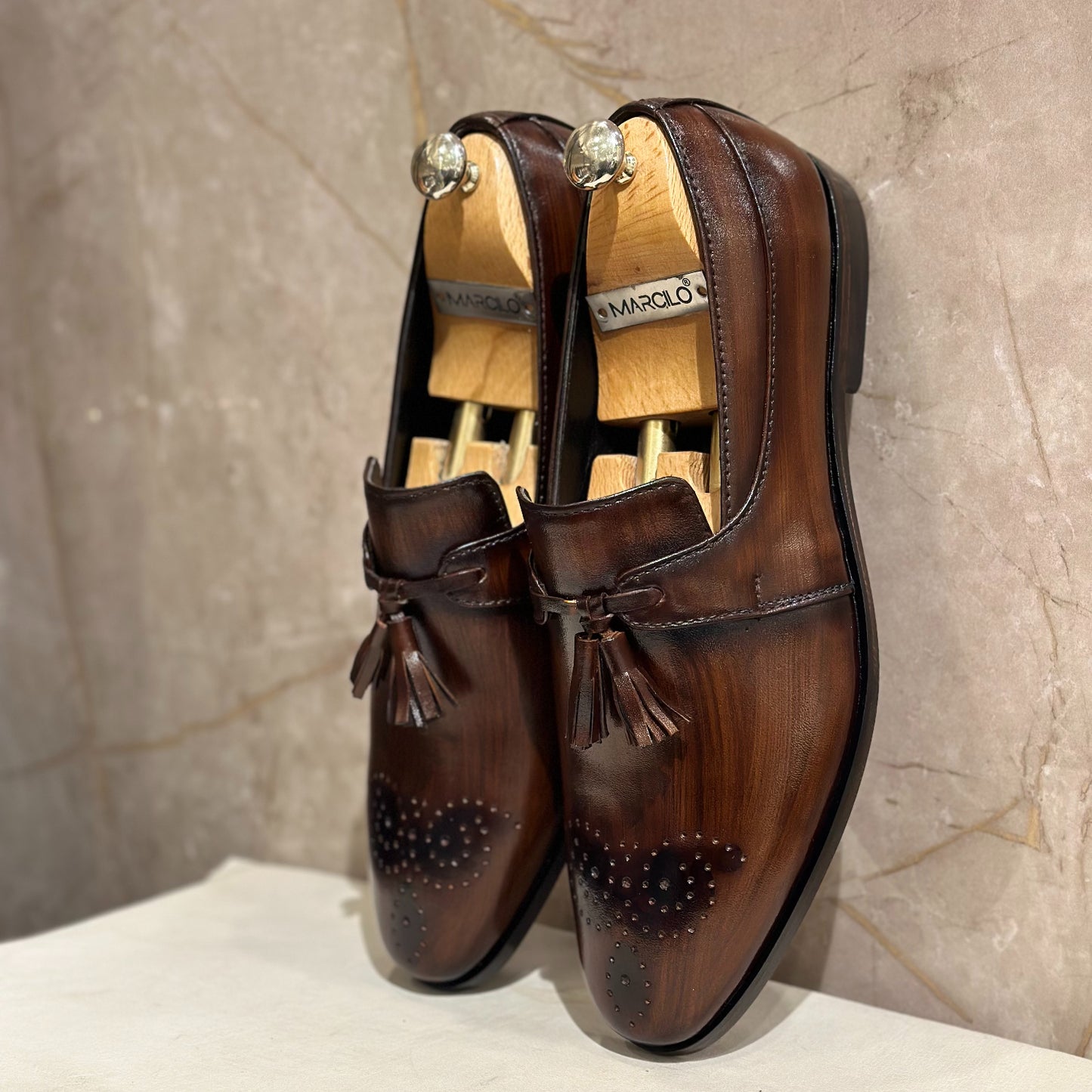 Brown Shaded Toe Brogue Tassel Loafers