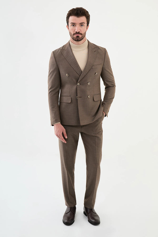 Brown Striped Wool Double Breasted Suit