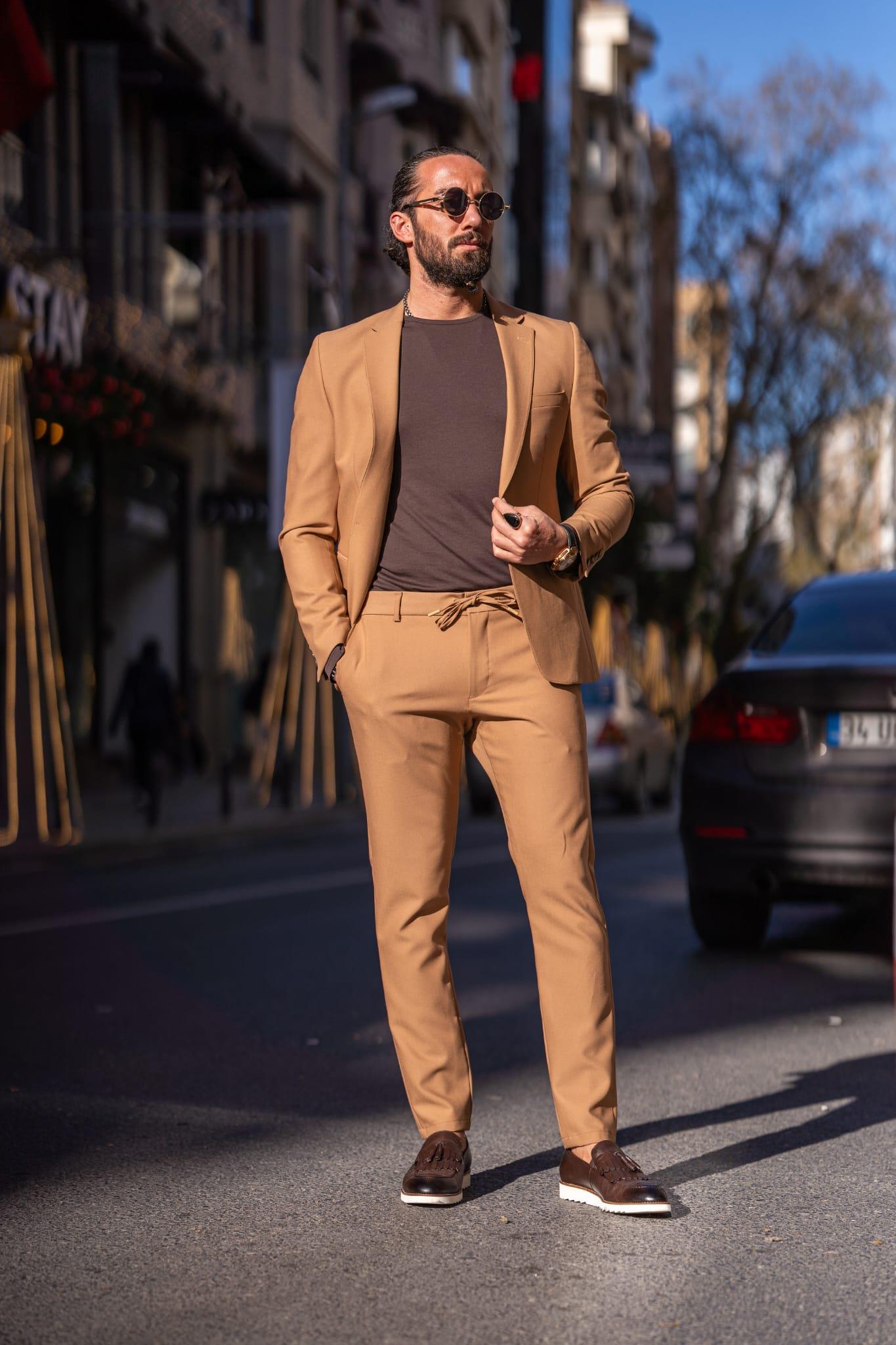 Camel Slim Fit Mono Collar Suit