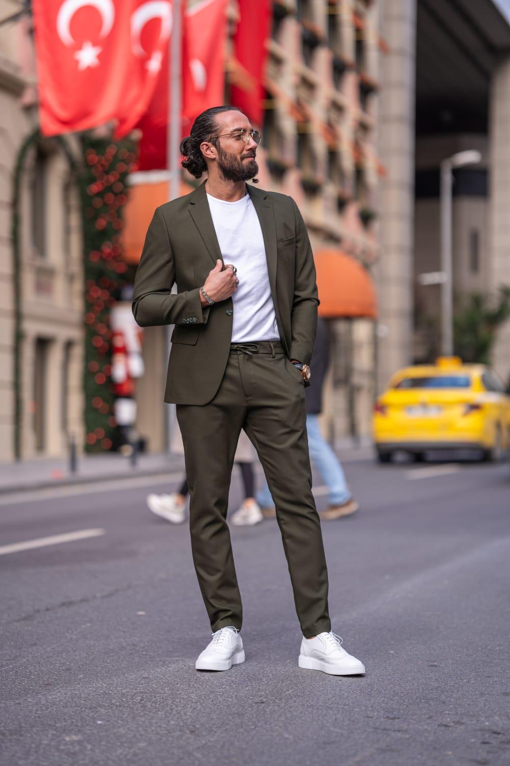 Khaki Slim Fit Mono Collar Suit