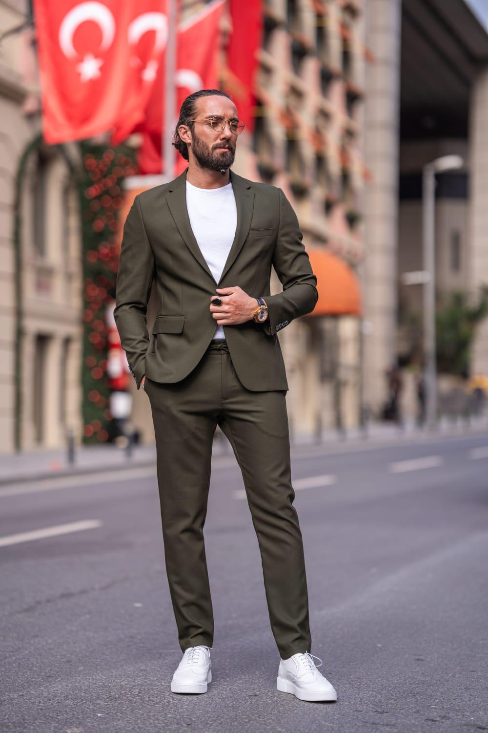 Khaki Slim Fit Mono Collar Suit