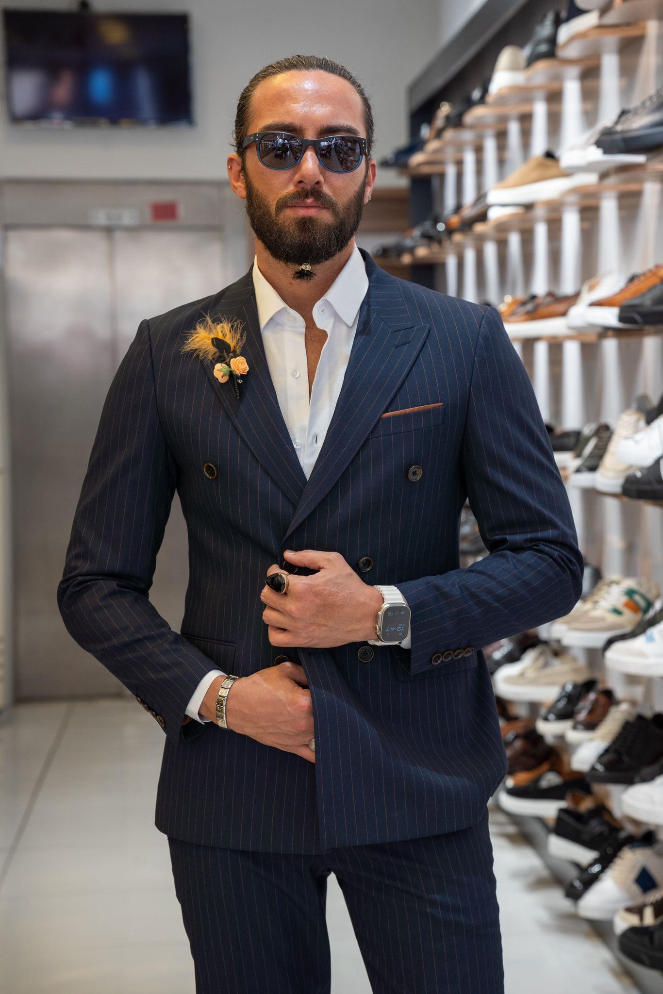 Navy Blue Double Breast Brown Line Suit