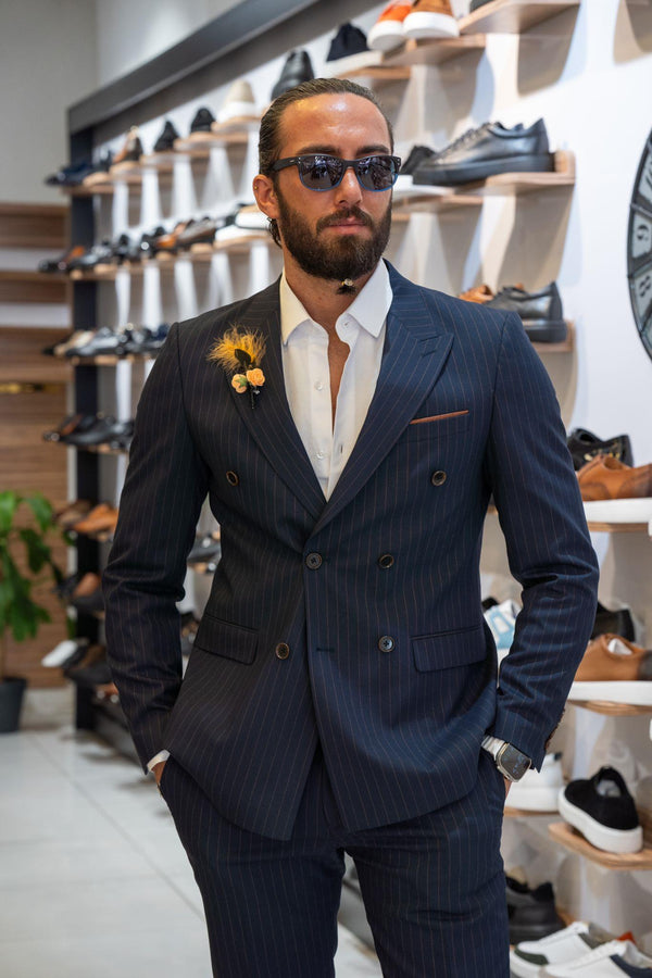 Navy Blue Double Breast Brown Line Suit