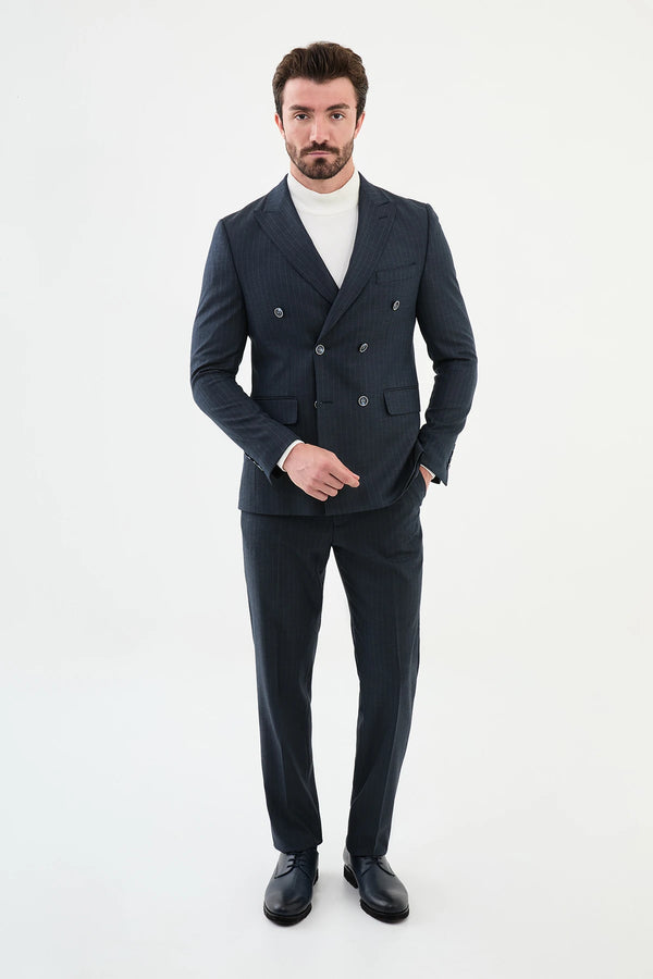 Navy Blue Striped Wool Double Breasted Suit