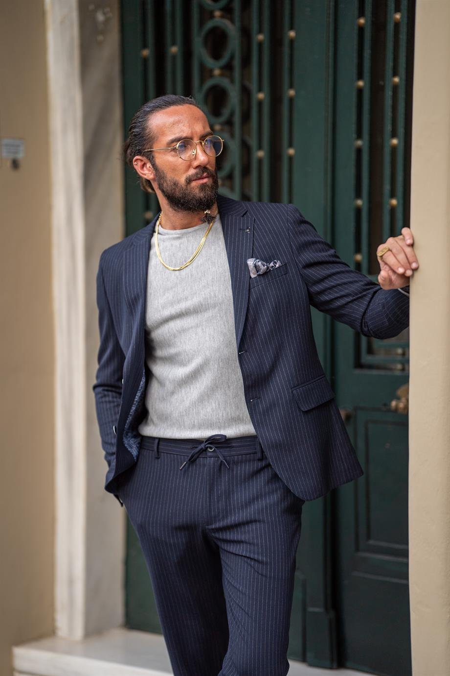 Navy Blue Striped Slim Fit Mono Collar Suit