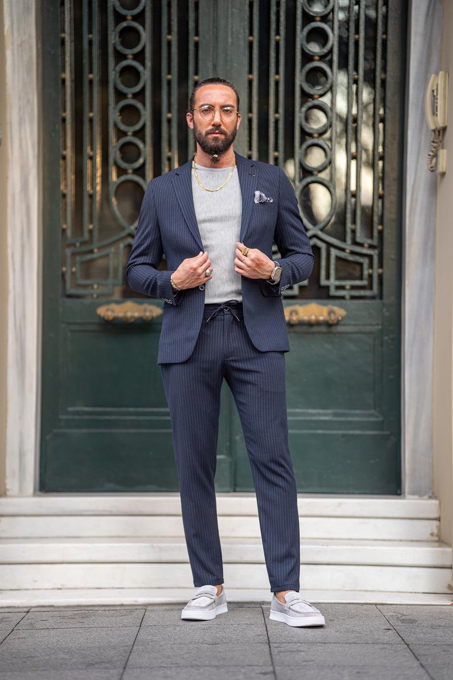 Navy Blue Striped Slim Fit Mono Collar Suit