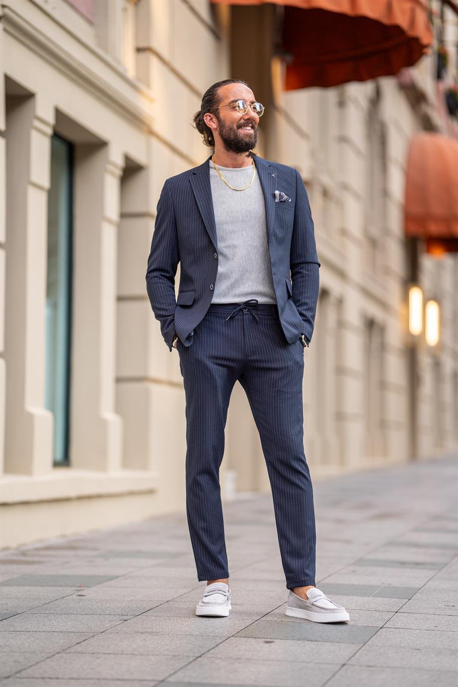 Navy Blue Striped Slim Fit Mono Collar Suit