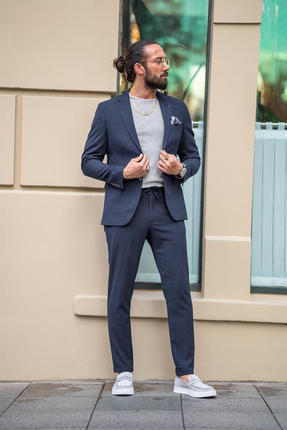 Navy Blue Striped Slim Fit Mono Collar Suit