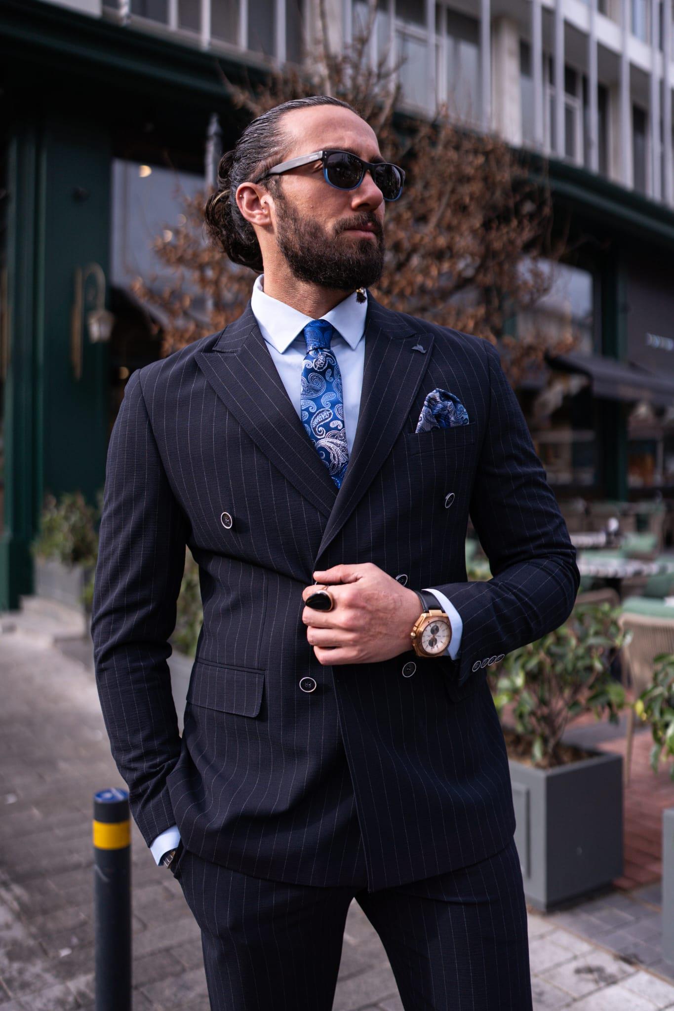Navy Blue Striped Double Breasted Slim Fit Suits