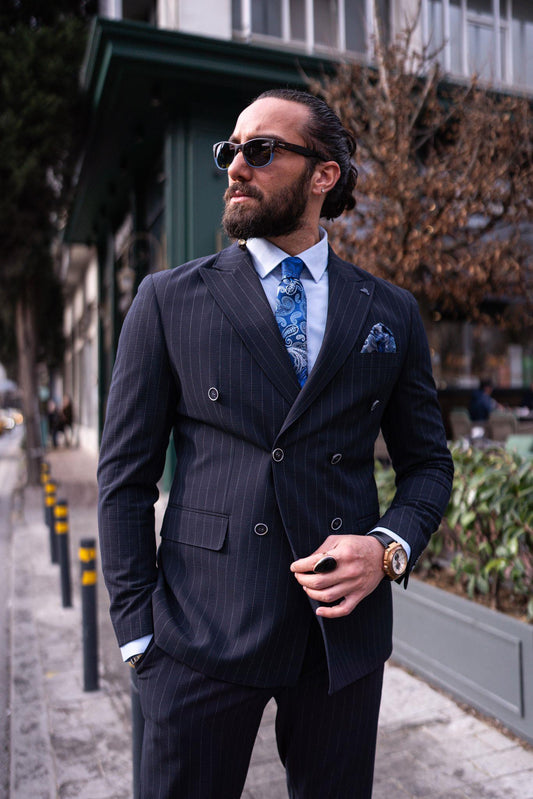 Navy Blue Striped Double Breasted Slim Fit Suits