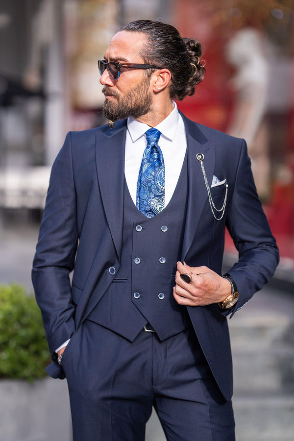 Navy Blue 3 Piece Mono Collar Suit