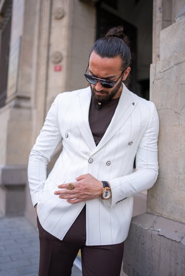 Striped Slim Fit Double Breasted Men's white  blazer