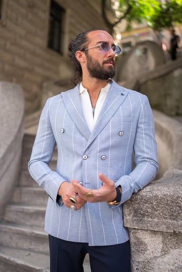 Striped Slim Fit Double Breasted Men's blue blazer