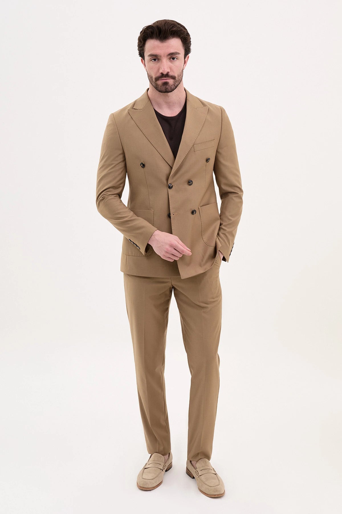 Beige Slim Fit Double Breasted Suit