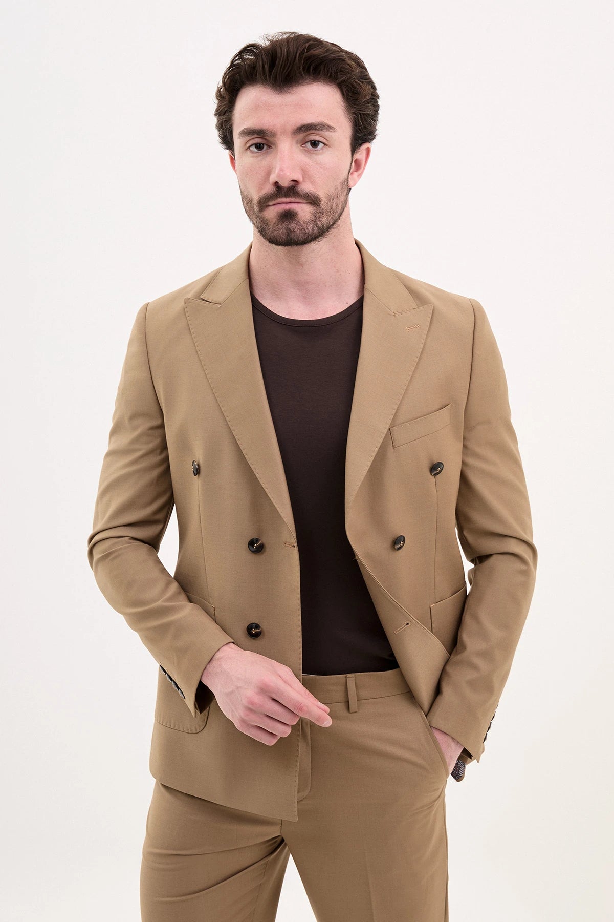 Beige Slim Fit Double Breasted Suit