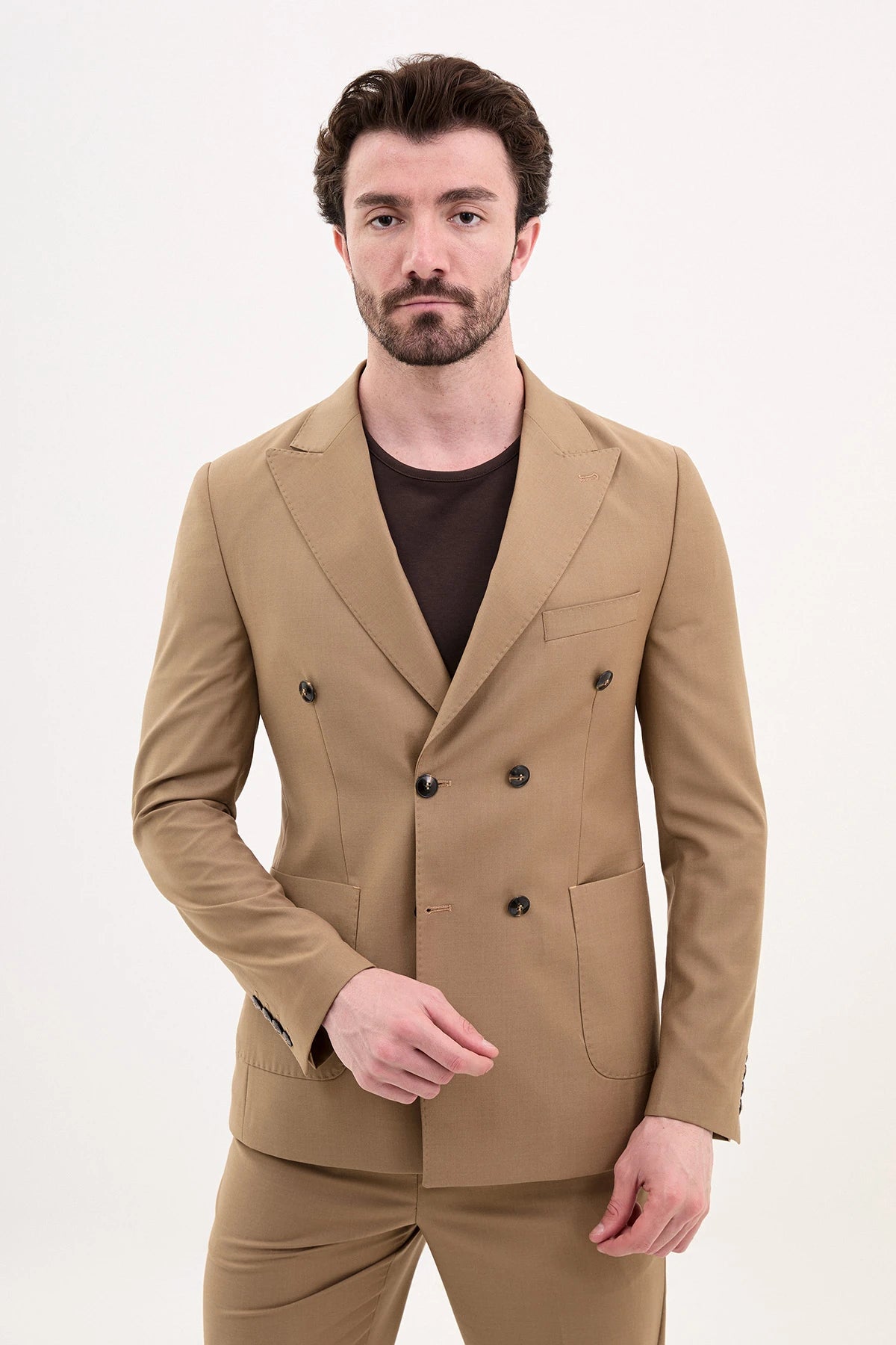 Beige Slim Fit Double Breasted Suit