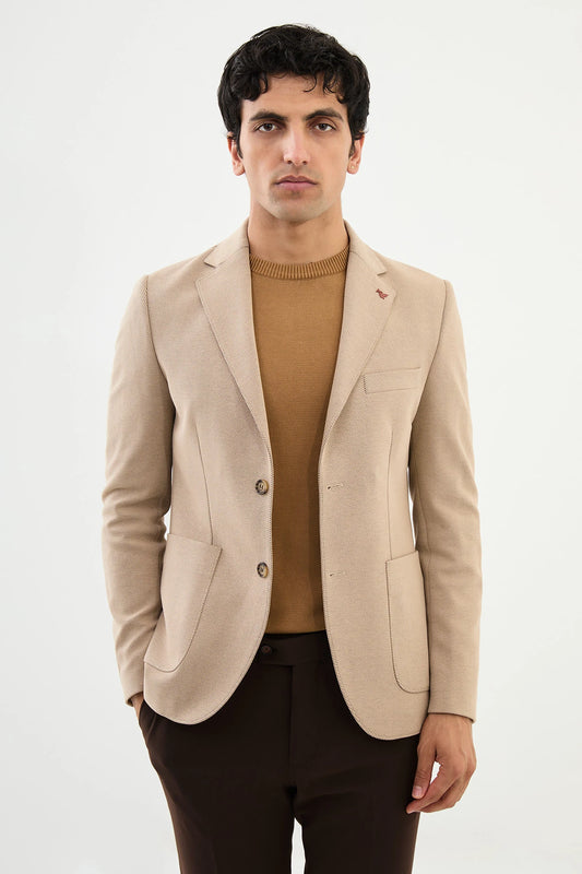 Beige Mono Collar Slim Fit Blazer