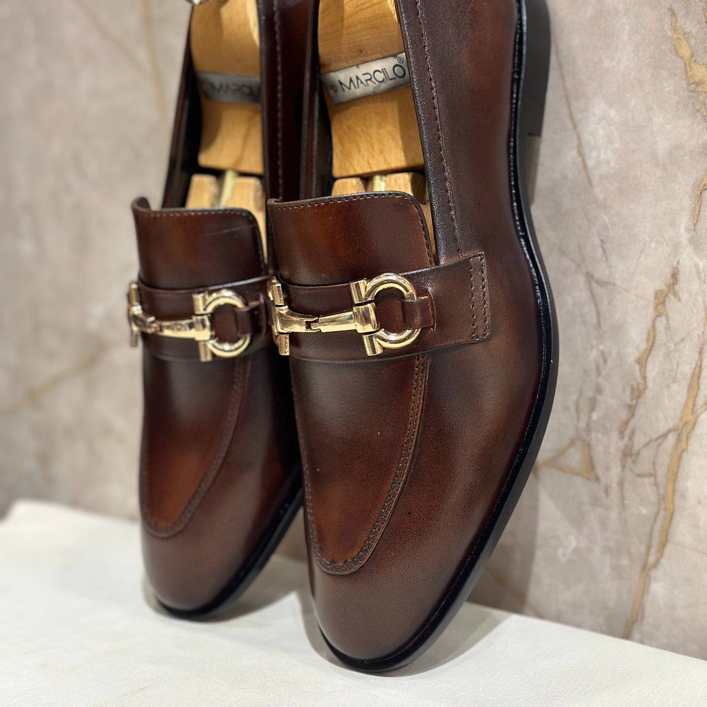 Brown Shaded Buckle Loafers