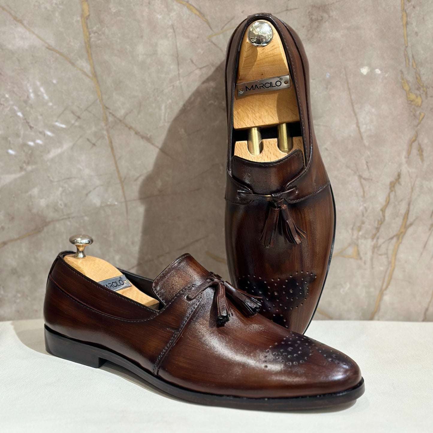Brown Shaded Toe Brogue Tassel Loafers