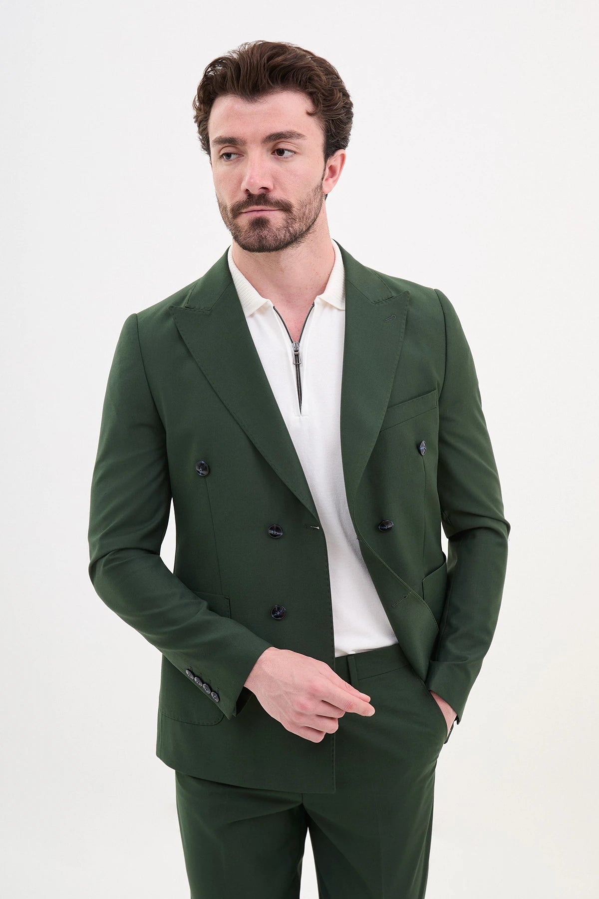 Green Slim Fit Double Breasted Suit