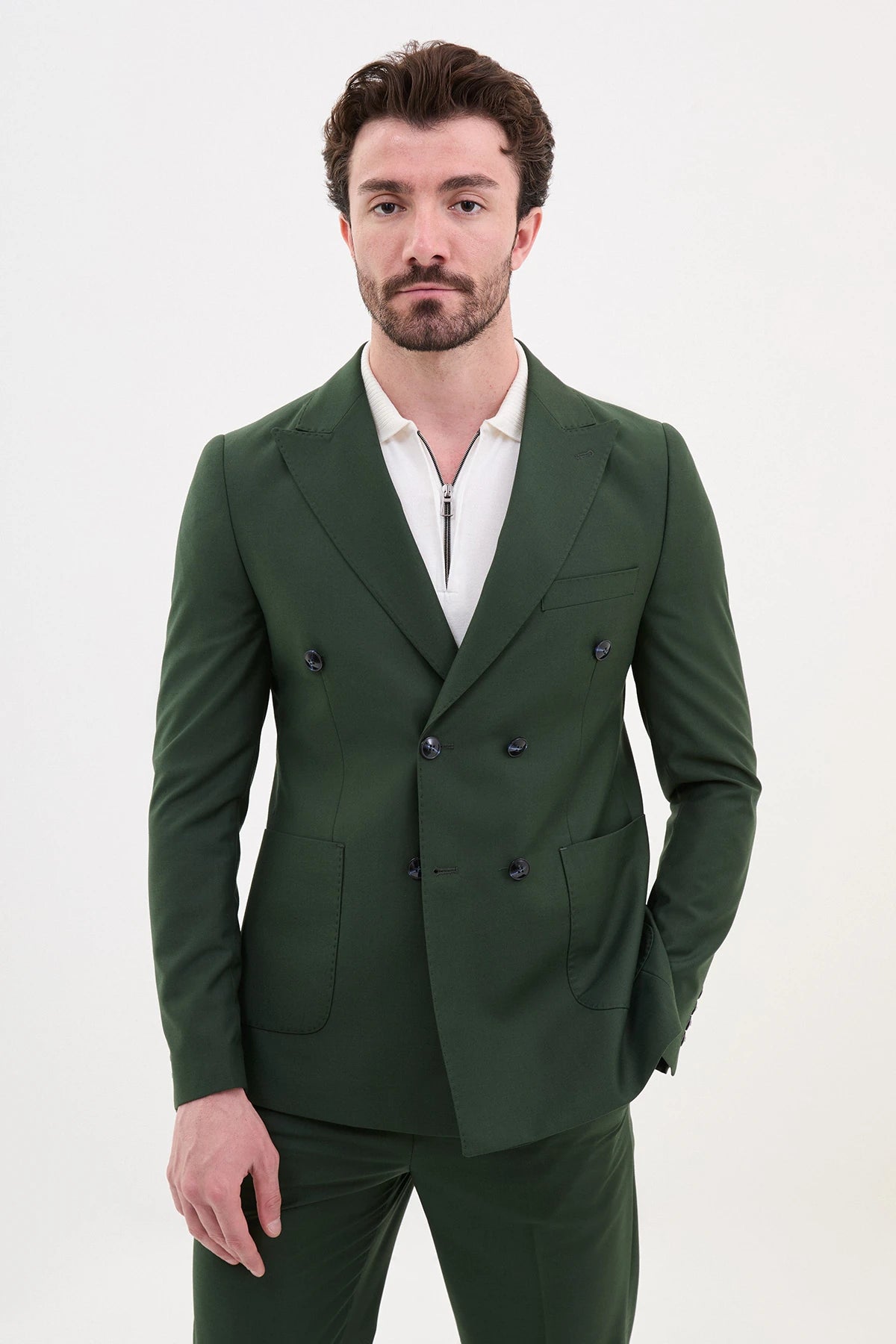 Green Slim Fit Double Breasted Suit