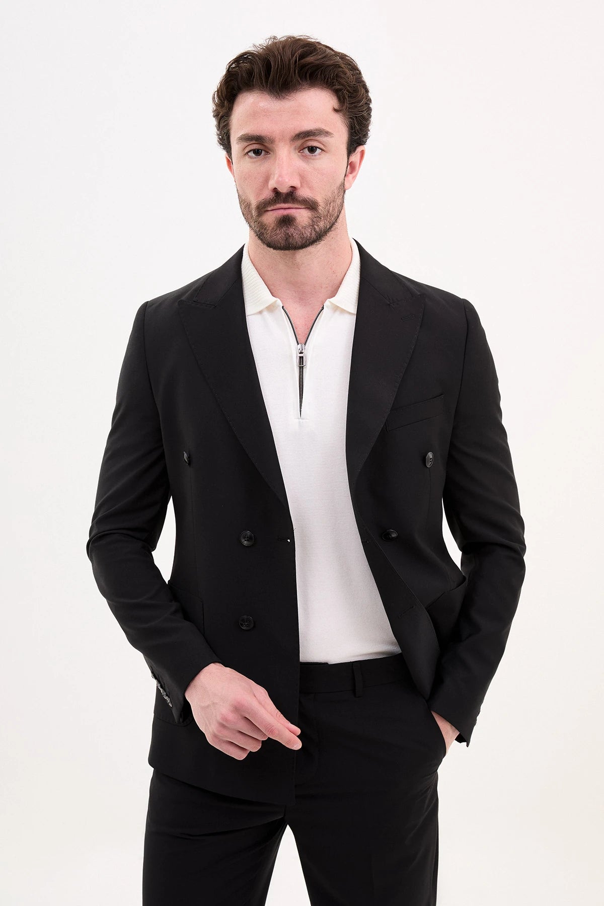 Black Slim Fit Double Breasted Suit