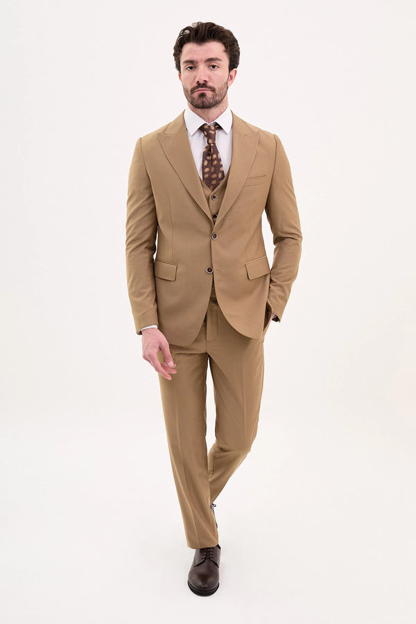 Beige Slim Fit Pointed Collar Suit