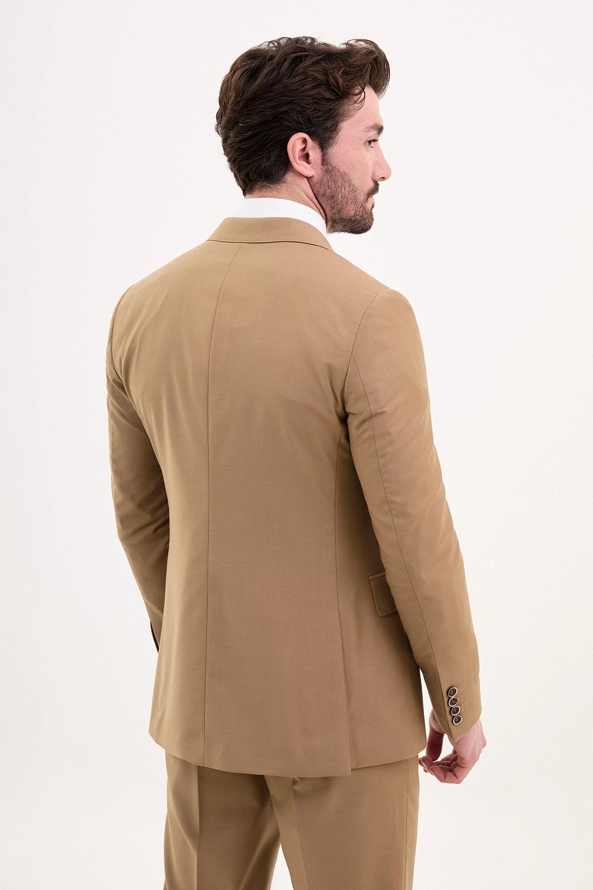 Beige Slim Fit Pointed Collar Suit