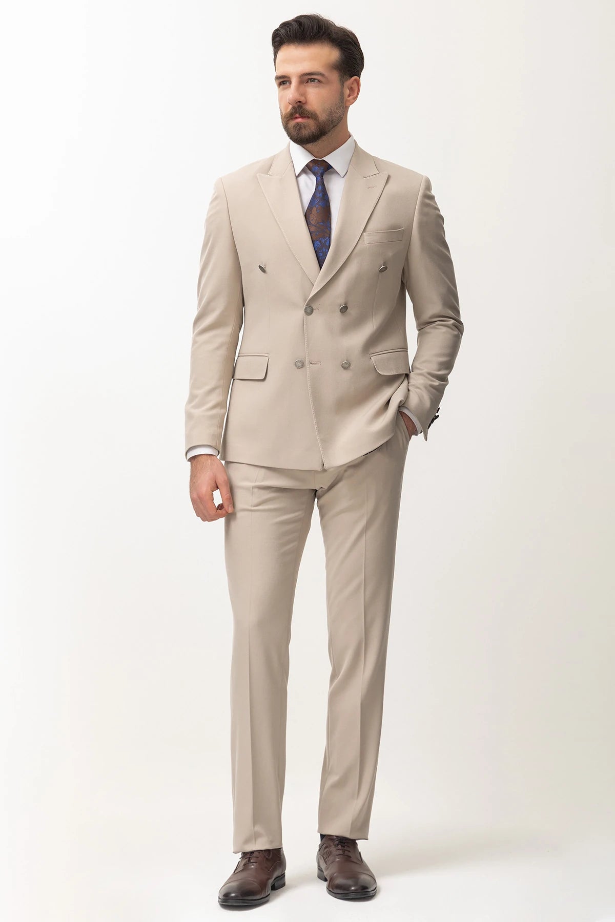 Beige Double Breasted Slim Fit Premium Suit