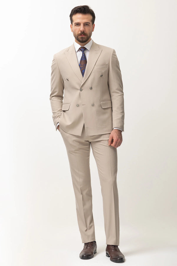 Beige Double Breasted Slim Fit Premium Suit