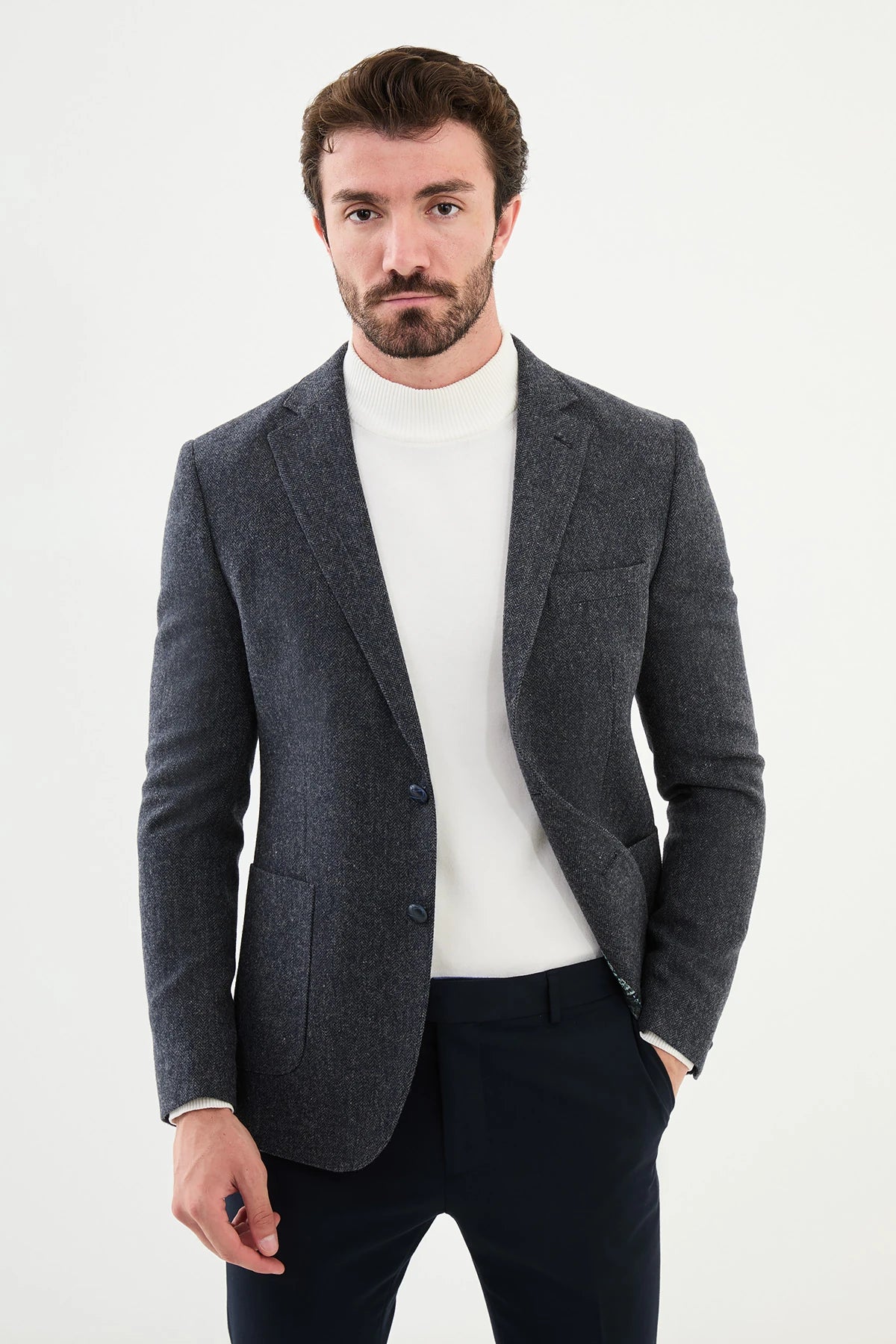 Navy Blue Wool Slim Fit Blazer